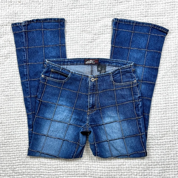 Y2K 90s Grid Patchwork Low Rise Jeans - Picture 4 of 7
